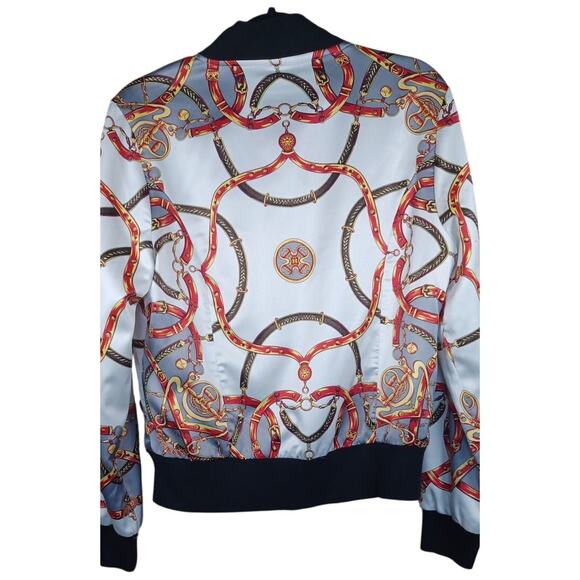 Vintage WD•NY Baroque Equestrian Bomber Jacket Large Gold Chain & Bridle Print - Picture 4 of 6